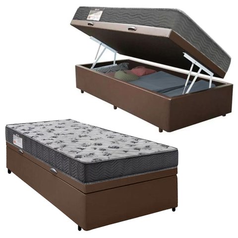 Cama Box Baú Solteiro Sintético + Colchão de Molas Ensacadas - Sereneprime - 88x188x62cm Cor:marrom