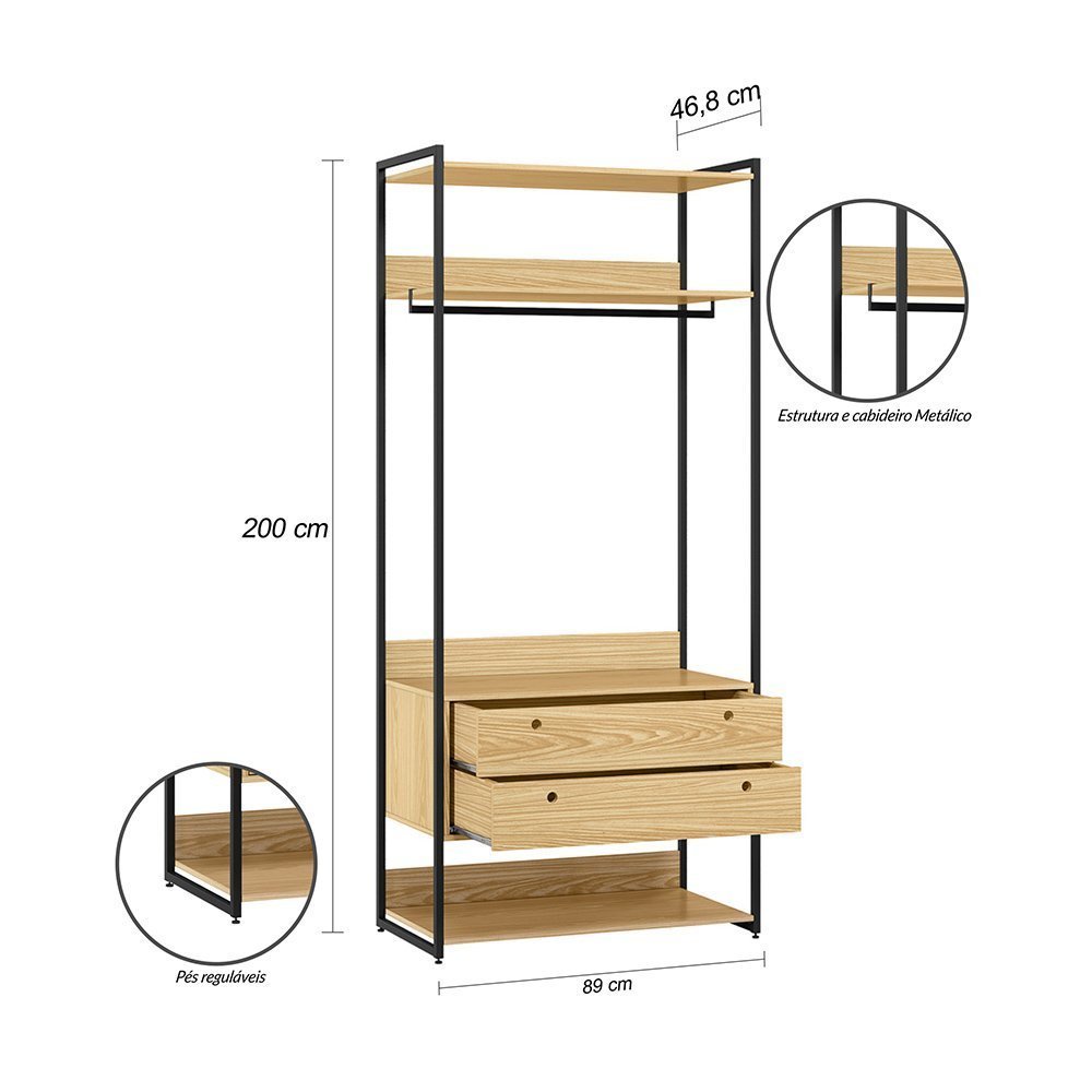 Conjunto Guarda-roupa Closet Industrial Completo Olivar 1 Porta 8 Gavetas 286cm - Pinus - 3