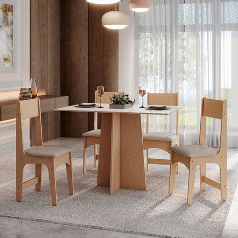 Conjunto Sala de Jantar 4 Lugares Retangular MDF Amanda Mel/Off