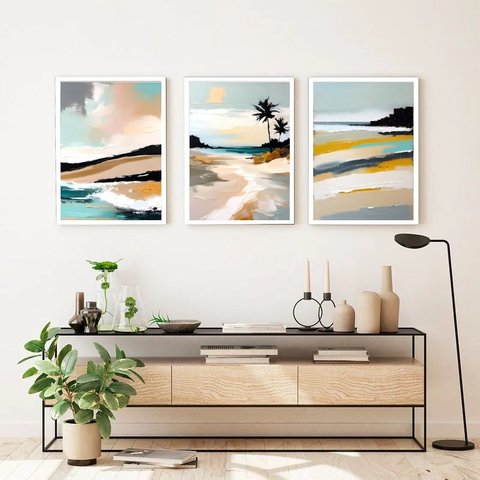 Kit 3 Quadros Abstratos Praia Estilo Pintura 24x18cm:moldura Branca