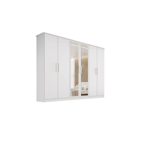 Guarda Roupa Nina Branco 100% MDF com Espelho 6 Portas 4 Gavetas Puxador em Madeira - Bianchi Móveis