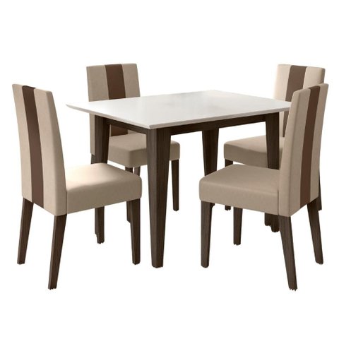 Mesa de Jantar Kate com 4 Cadeiras Estofadas Linea Suede Amendoa Off White Poliman
