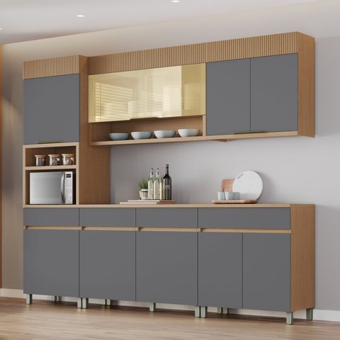 Cozinha Completa Modulada 5 Peças 9 Portas 4 Gavetas 100% MDF Vidro Reflecta Realeza Premium