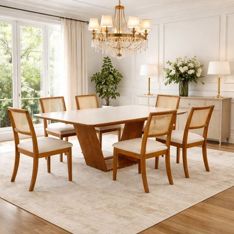 Kit 6 Cadeiras de Jantar Madeira Maciça Mel Encosto Telinha Palha Estofada Veludo Bege Rubi