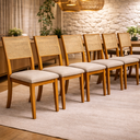 Ver imagem 1 de Kit 6 Cadeiras de Jantar Madeira Maciça Mel Encosto Telinha Palha Estofada Veludo Bege Rubi