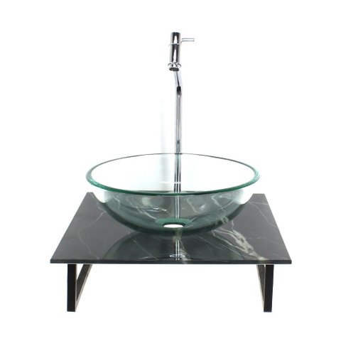 Gabinete de Vidro com Cuba Redonda Incolor com Tampo de Vidro 40cm X 40cm Mármore Preto Mais Torneir