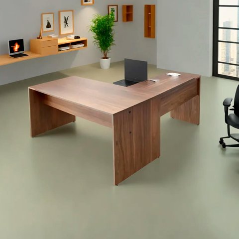 Mesa de Escritório em L Madeira 148x148 Nogal/Preto REALME Mesa para Escritório Estilo em L Madeira 