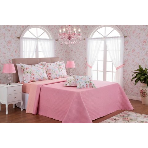 Kit 6 Pçs Cobre Leito Colcha e Lençol Casal Queen Provence: Buquê Rosa