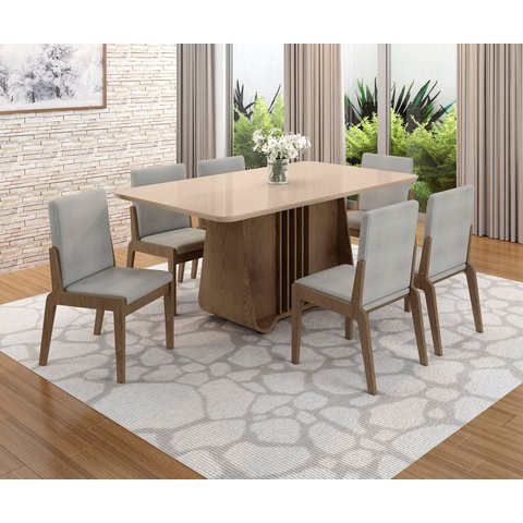 Conjunto Mesa com 6 Cadeiras Harpa Marrom/Carvalho/Fendi