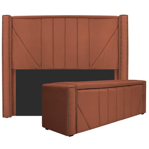 Kit Cabeceira E Calçadeira Baú Solteiro 90cm Suede Terracota