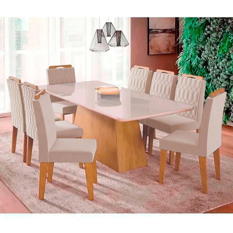 Conjunto Sala de Jantar Mesa Helena 210x100 cm e 8 Cadeiras Paola Cimol Nature/offwhite/nude Helena