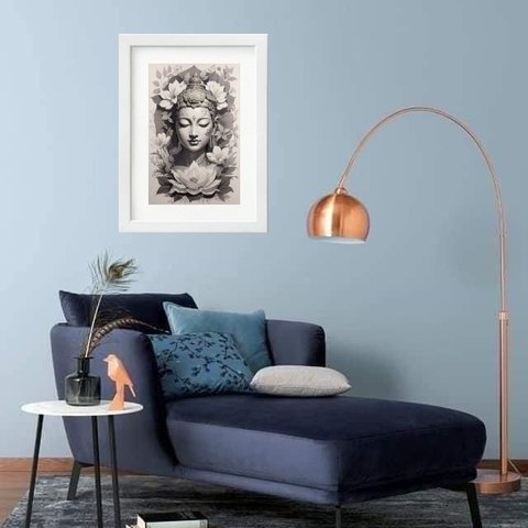 Quadro Buda Cinza e Branco - 60x48cm:madeira Preta