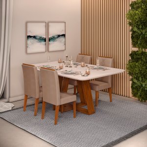 Conjunto de Sala de Jantar 4 Cadeiras Tampo sem Vidro 170x90 Cm Dj Móveis Kiara Freijó Yasmin Kraft