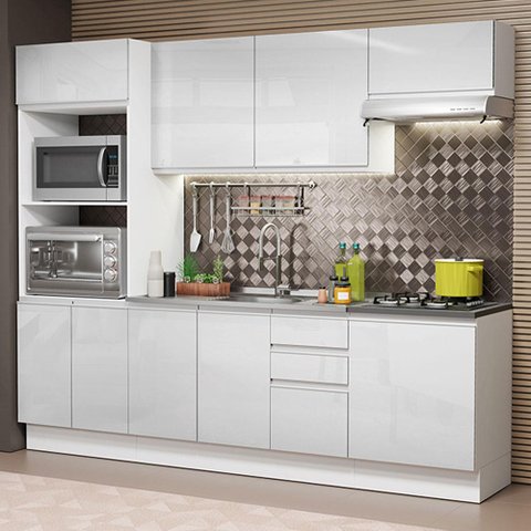 Armário de Cozinha Completa 100% MDF 250cm Frentes Branco Brilho Acordes Madesa 03