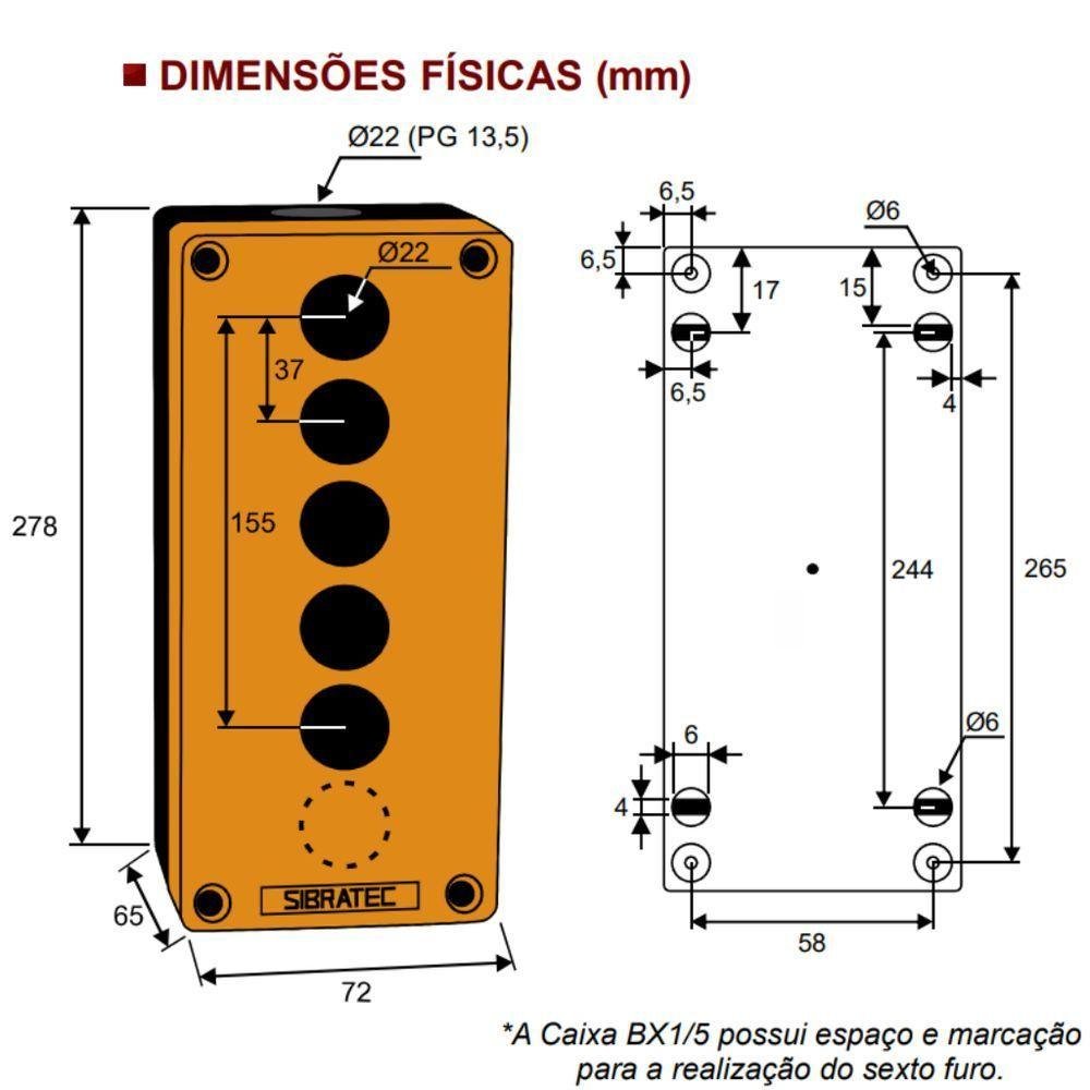 Caixa Plástica Amarela Bx1 /5y | 5 Furos 22mm - 2