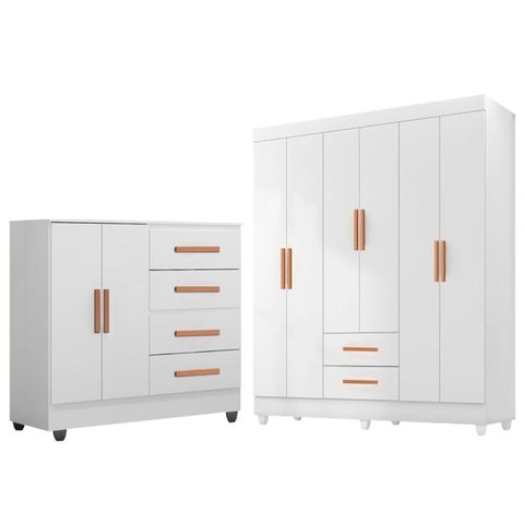 Kit Guarda-Roupa Casal 6 Portas com Cômoda 2 Portas 4 Gavetas Lisa Branco