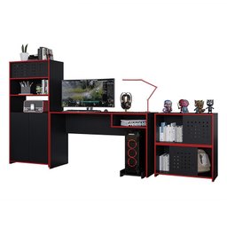Conjunto Gamer Pixel Armário Alto e Baixo e Mesa para Computador Preto/Vermelho - PR Móveis - 1