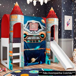 Cama Infantil com Escorregador e Barraca 2 Torres Nave Espacial P13 Branco/Vermelho - Mpozenato - 2