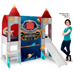 Cama Infantil com Escorregador e Barraca 2 Torres Nave Espacial P13 Branco/Vermelho - Mpozenato - 5