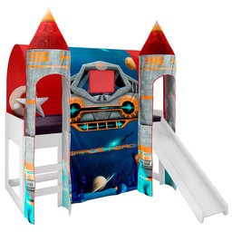 Cama Infantil com Escorregador e Barraca 2 Torres Nave Espacial P13 Branco/Vermelho - Mpozenato - 1