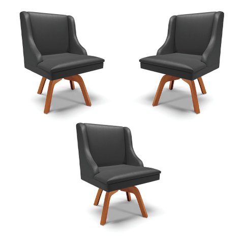 Kit 3 Cadeiras Decorativas Sala de Jantar Base Giratória de Madeira Firenze PU Preto Fosco/Natural G