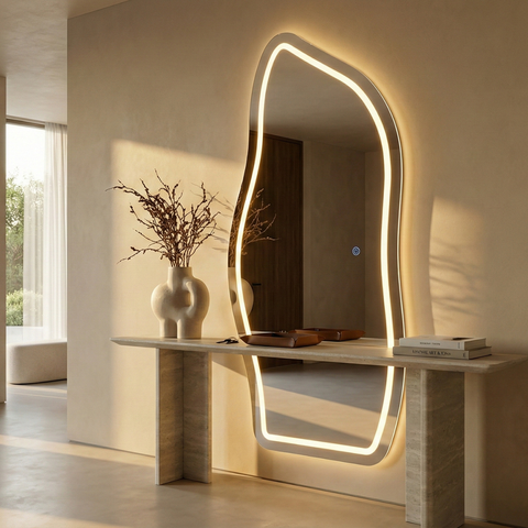 Espelho Decorativo Orgânico com Led 3 Cores Magnus 170x70cm Jateado Vidro de Cristal