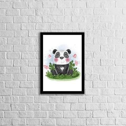 Quadro Infantil Estilo Aquarela Pandinha 24x18cm - com vidro:Madeira preta