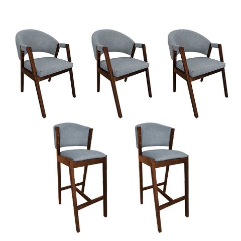 Kit 3 Cadeiras de Jantar Helen com 2 Banquetas Ana Madeira Maciça Mel Premium Linho Cinza