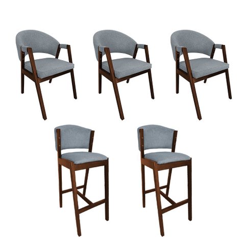 Kit 3 Cadeiras de Jantar Helen com 2 Banquetas Ana Madeira Maciça Mel Premium Linho Cinza