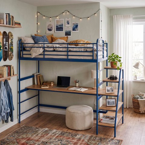 Cama Alta com Escrivaninha Multifuncional em Aço Carbono Tubular Teko Casatema MadeiraOriginals Azul