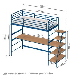 Cama Alta com Escrivaninha Multifuncional em Ferro Aço Carbono Tubular Teko Casatema - 3