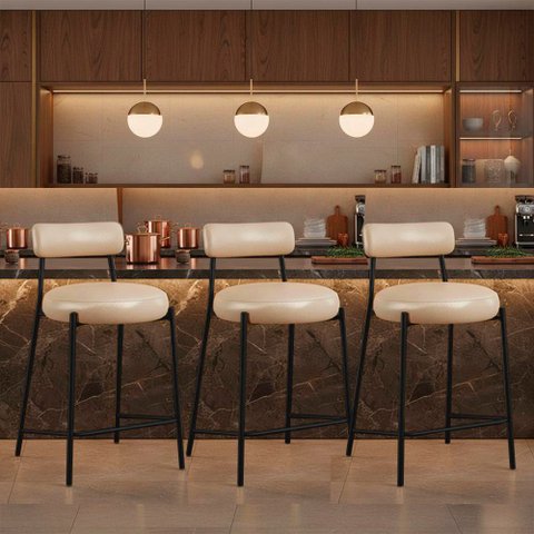 Banqueta Cozinha Alta com Encosto Kit 3 Industrial Preto Londres PU Facto D03 - D'Rossi