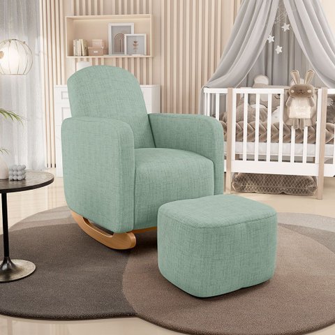 Poltrona de Amamentação com Balanço e Puff Orgânico Saori W01 Linho Verde Menta - Lyam Decor
