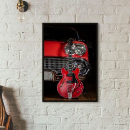 Quadro Guitarra e Carro Antigo Vermelhos 24x18cm:madeira Branca - 1