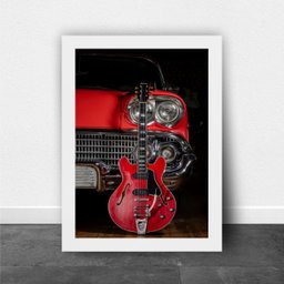 Quadro Guitarra e Carro Antigo Vermelhos 24x18cm:madeira Branca - 2