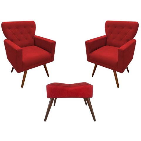 Kit 2 Poltronas Decorativa Aurora + 1 Puff Retangular Suede Vermelho Pés Madeira Mz Decor