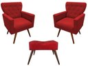 Ver imagem 1 de Kit 2 Poltronas Decorativa Aurora + 1 Puff Retangular Suede Vermelho Pés Madeira Mz Decor