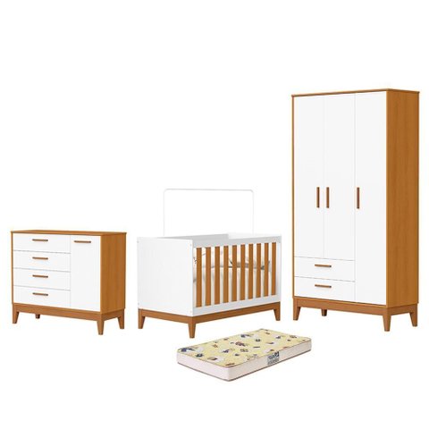 Dormitório Infantil Flip Guarda Roupa 3 Portas, Cômoda 1 Porta e Berço Branco Fosco/savana com
