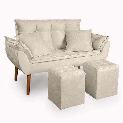 Kit Poltrona Decorativa Namoradeira 2 Puffs Quadrado e 2 Almofadas Suede Bege - Lm Decor
