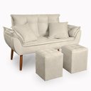 Ver imagem 1 de Kit Poltrona Decorativa Namoradeira 2 Puffs Quadrado e 2 Almofadas Suede Bege - Lm Decor