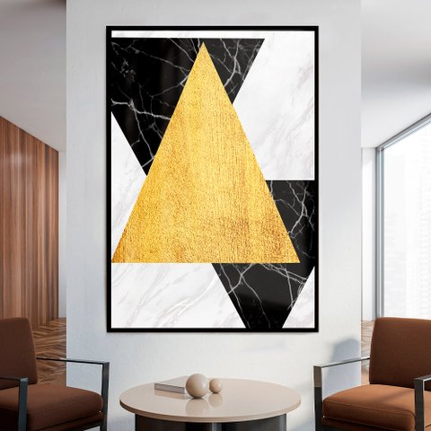 Quadro Decorativo Geométrico Mármore Triângulos em Moldura Caixa Tacolado Moldura Trad 1cm Branca Co