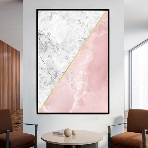 Quadro Decorativo Geométrico Mármore Branco e Rosa em Moldura Caixa Tacolado Moldura Trad 1cm Madeir