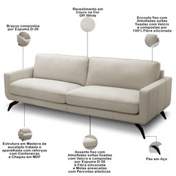 Sofá 3 Lugares para Sala de Estar Living Industrial 210cm Trento L06 Couro Off White - Lyam Decor - 3