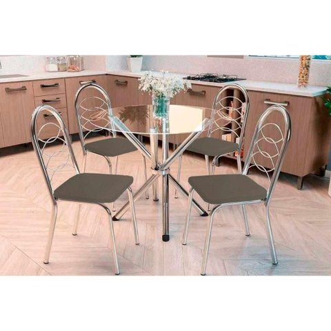 Sala de Jantar Completa Volga C/ Tampo de Vidro 95cm e 4 Cadeiras Holanda Cromada - Courano Marrom