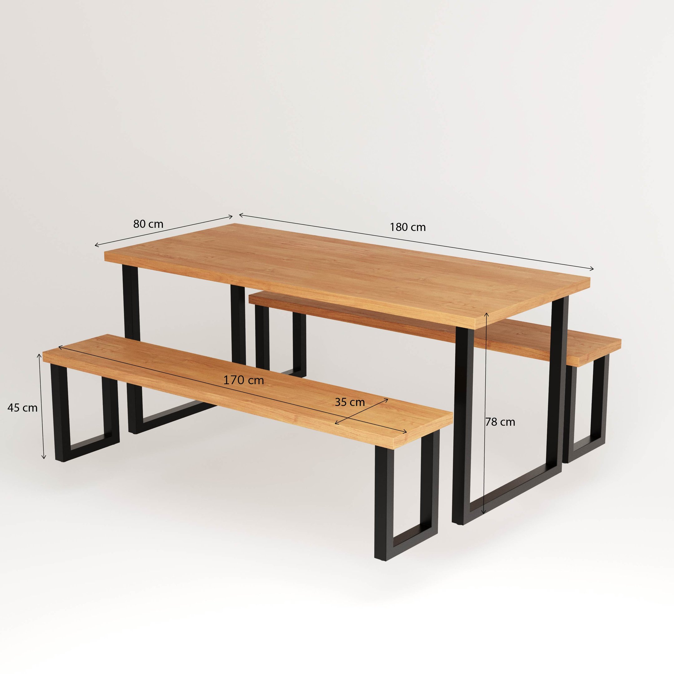 Conjunto Mesa de Jantar em Madeira Maciça com Bancos e Pés de Ferro Estilo Industrial