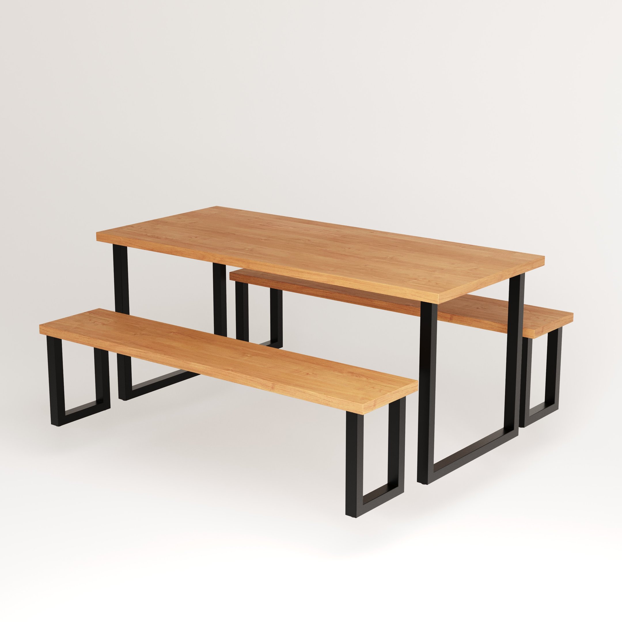 Conjunto Mesa de Jantar em Madeira Maciça com Bancos e Pés de Ferro Estilo Industrial - 2
