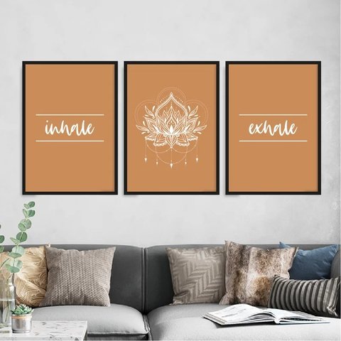 Kit 3 Quadros Inhale Exhale -Mandala 33x24cm - com vidro:Madeira preta