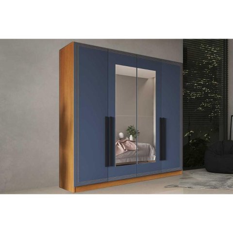 Guarda Roupa 4 Portas (2 C/ Espelho) e 4 Gavetas Valência Freijo/azul - Politorno