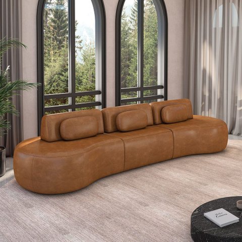 Sofá Sala de Estar Modulado França 366cm Encosto Articulável com Almofadas Pu Caramelo G45 - Gran Be