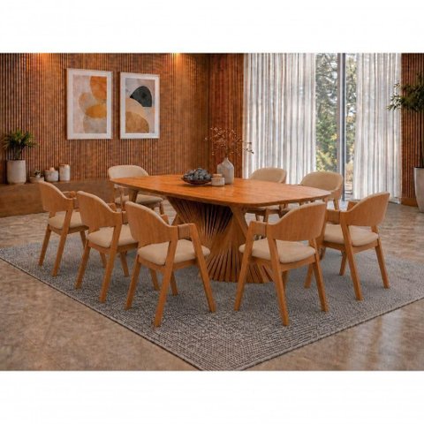 Conjunto de Jantar Duna 8 Lugares Tampo em MDF Canela 220cm Requinte Salas